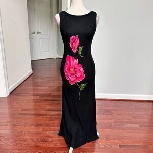 DW3 David Warren Black Tropical Floral Unique Simple Elegant Feminine Maxi Dress